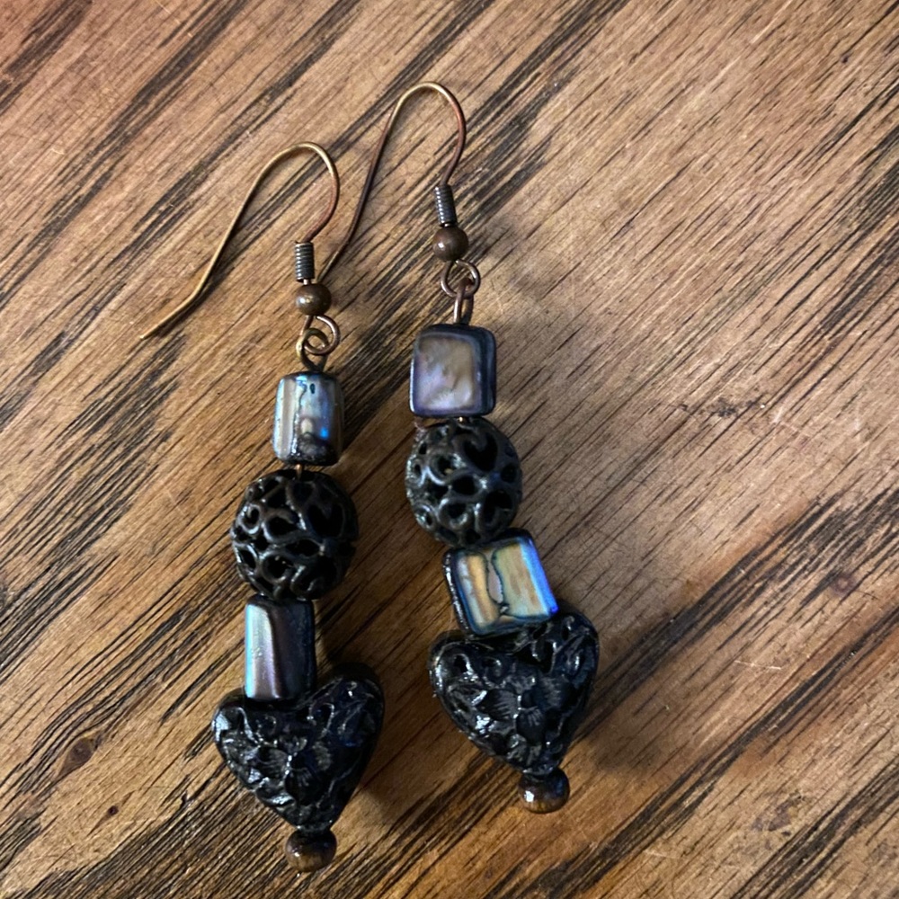 Shell & Bronze Heart Filigree Earrings